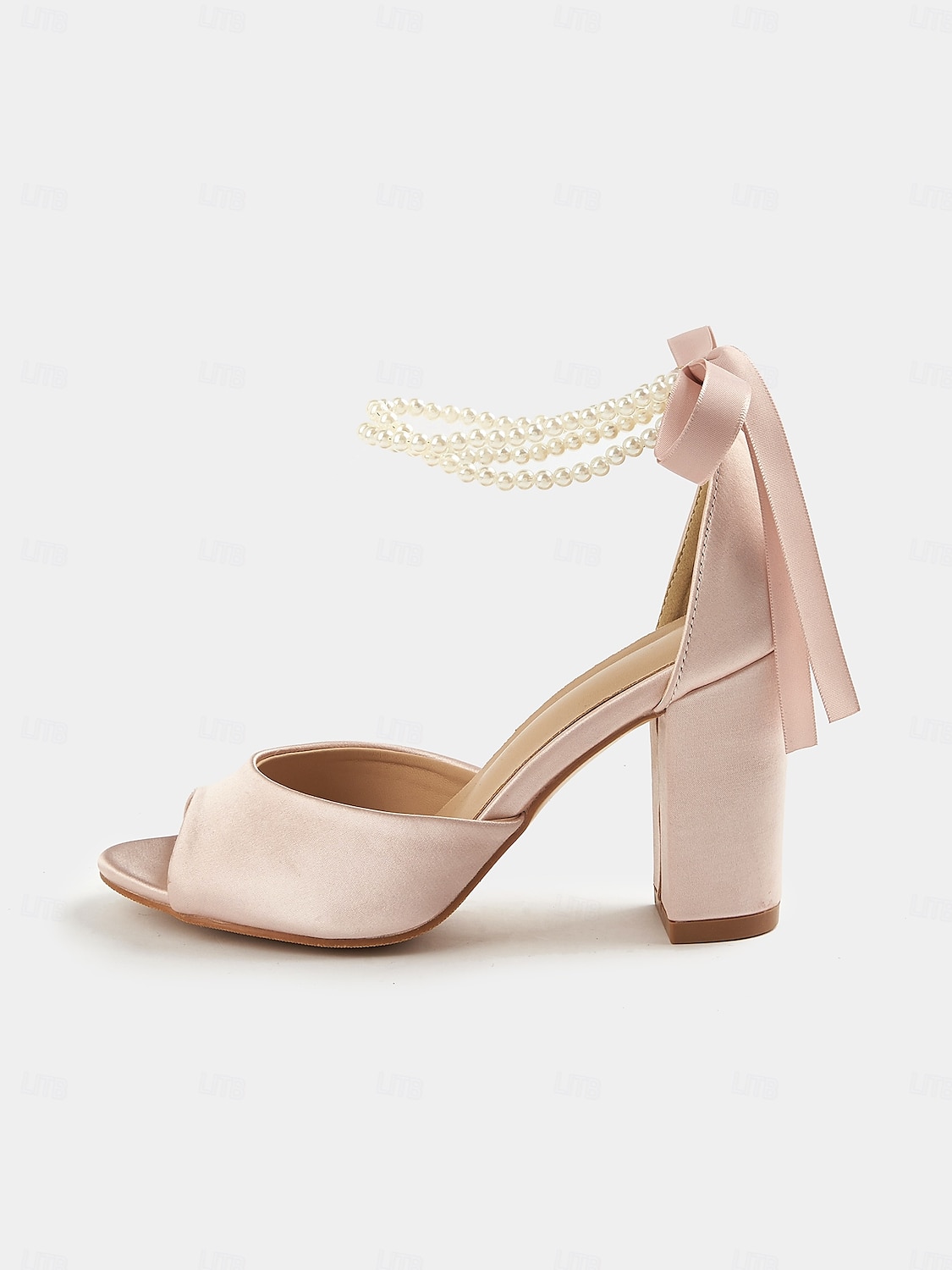 Sandalias de satén con punta abierta y tacón cuadrado para mujer con tira de perla en el tobillo: elegantes zapatos de cóctel. 2025 - $42.99 –P1