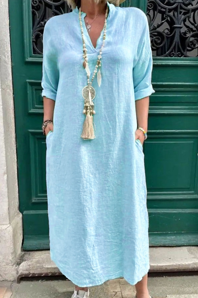 Damen Midikleid Leinen-inspirierte Kleider Baumwoll-Leinenkleid Basic Klassisch Modern Täglich Ferien Wochenende Normale Passform Einfach Langarm V Ausschnitt Rosa Grün Aprikose Leicht Blau Sommer 2025 - $32.99 –P2