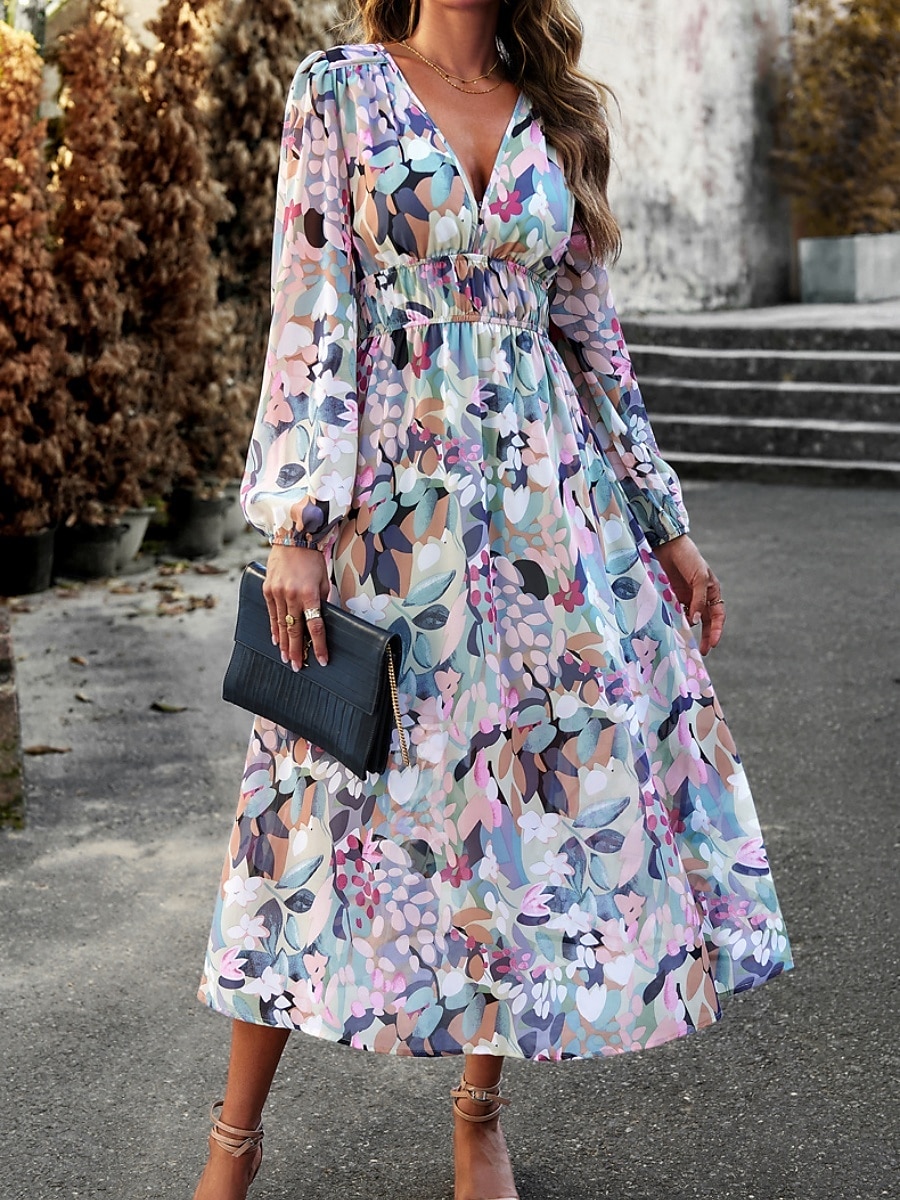 Women's Midi Dress A Line Dress Fit And Flare Dress Puff Sleeve Dress Vacation Casual Vacation Daily Regular Fit Graphic Long Sleeve V Neck Red Blue Green Apricot Summer 2025 - $46.99 –P20