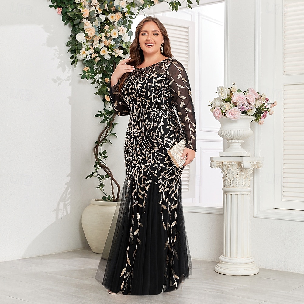 Mermaid / Trumpet Evening Gown Sparkle Dress Formal Floor Length Long Sleeve Crew Neck Champagne Mother Of the Bride Dress Tulle with Embroidery 2025 2025 - $75.99 –P6