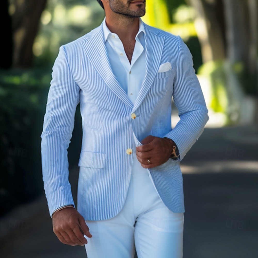 herre seersucker blazer jakke frakk mote sommer stripete blazer himmelblå standard passform enkeltspent toknappet 2025 - $75.99 –P1