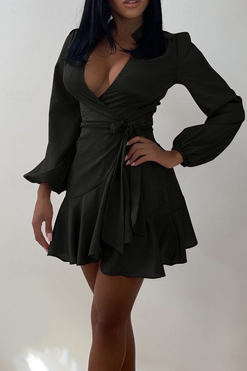 Femmes Mini Robe Robe fourreau Élégant Mode Vacances Sortir Week-end Coupe régulière Uni manche longue Col en V Noir Rouge Été de 2025 ? $24.99 –P2
