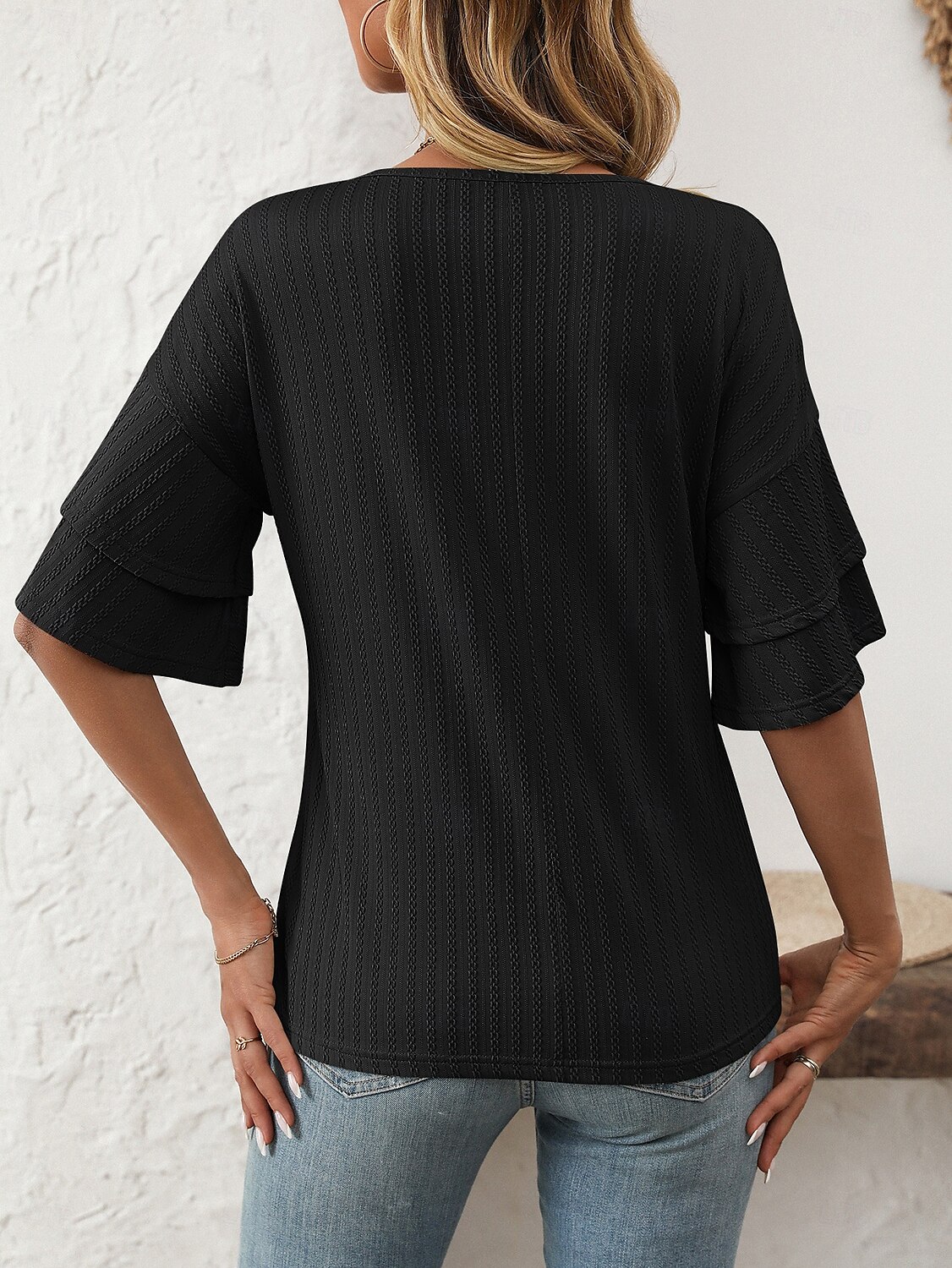 Women's T Shirt Plain Fashion Modern Short Sleeve V Neck Regular Tops Daily Ruffle Black White Wine Sky Blue Fuchsia Summer 2025 - $14.49 –P15