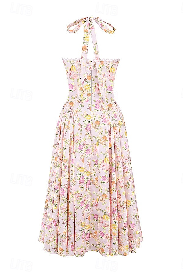 Retro Vintage Medieval Renaissance Midi Dress Flare Dress Ren Faire Halter Regency Inspired Floral Women's Masquerade Wedding Vacation Casual Daily Adults' Dress Summer 2025 - $32.99 –P3