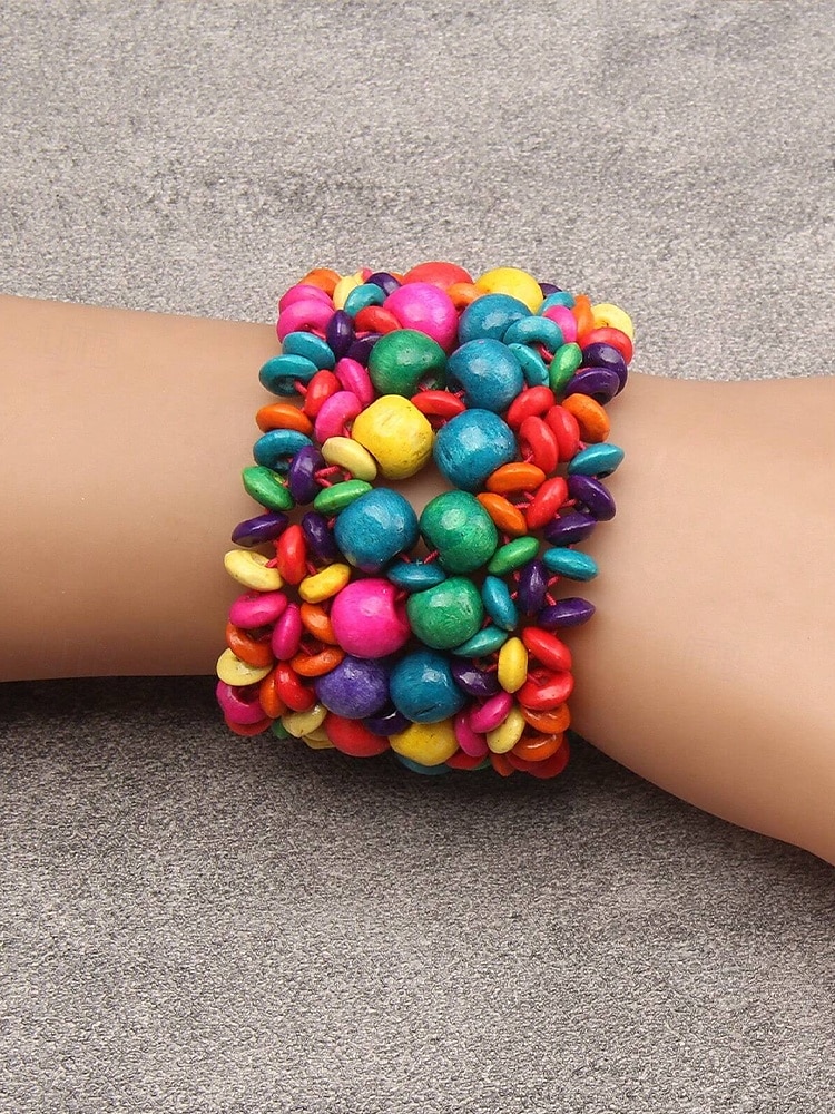 Pulseira de contas de madeira feita à mão para mulheres - pulseira elástica boho chunky, joias femininas de estilo étnico vintage natural, acessórios casuais e de praia de 2025 por $9.99 –P4