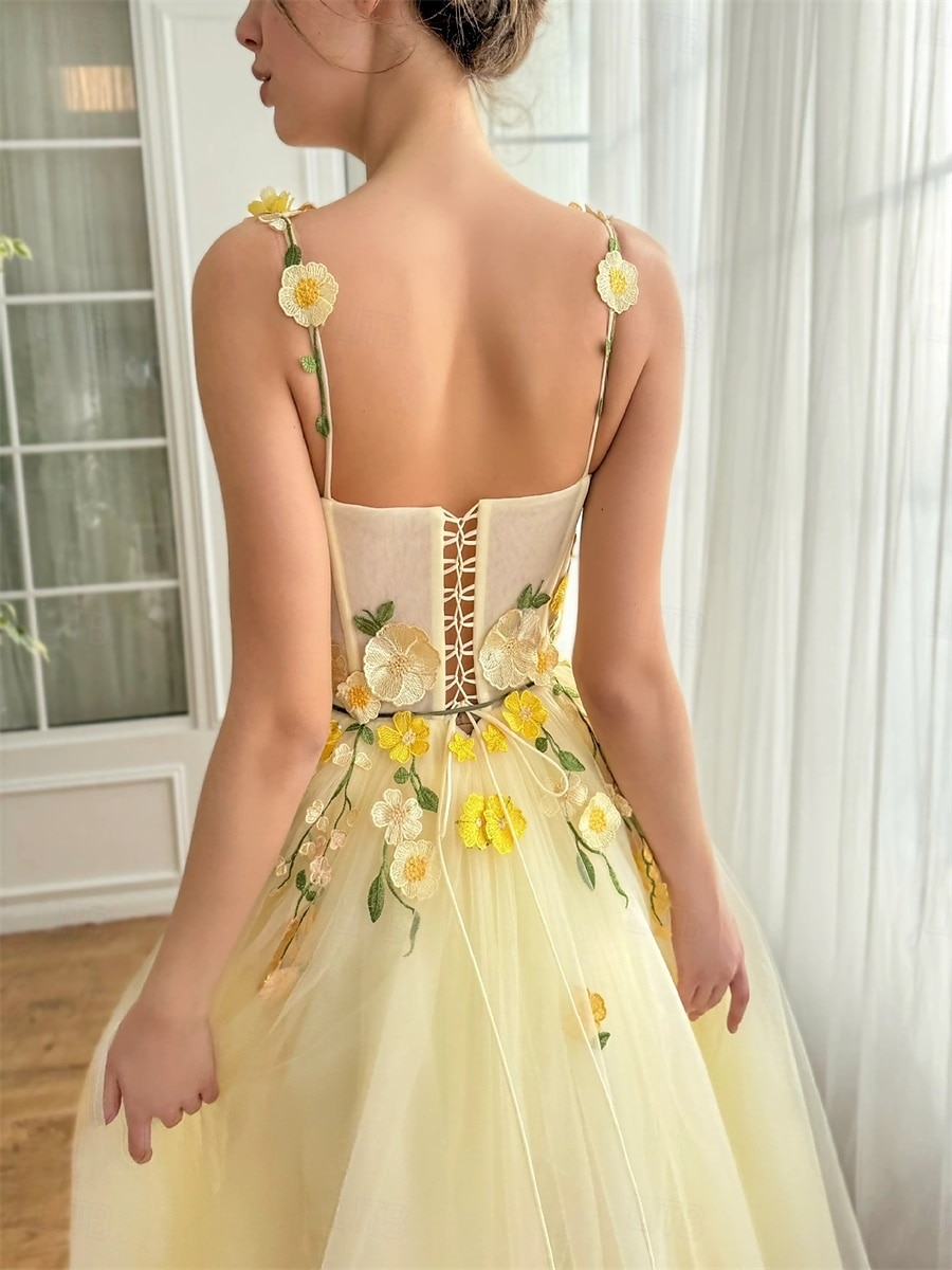 Šaty Quinceanera A-Line máslově žluté šaty svatba svatební host čajové délky bez rukávů čtvercový výstřih s květinovými krajkovými aplikacemi tylu 2025 - $149.99 –P4