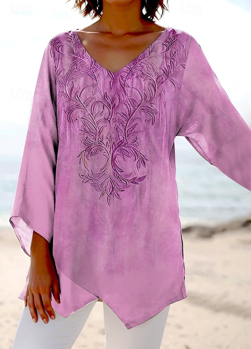 Women's Blouse Floral Graphic Stylish Ethnic Beach Short Sleeve V Neck Regular Tops Daily Holiday Print Pink Blue Purple Green Summer Spring 2025 - $25.99 –P3