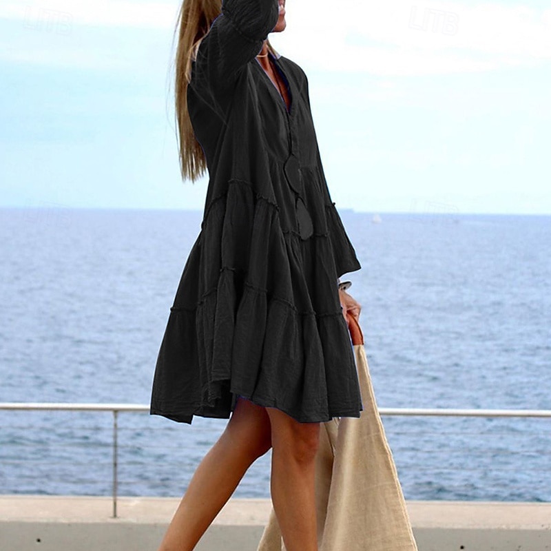 Damen Minikleid Baumwoll-Leinen-Kleider Baumwoll-Leinenkleid Mode Modern Urlaub Täglich Ausgehen Normale Passform Einfach Langarm V Ausschnitt Schwarz Sommer 2025 - $36.99 –P1