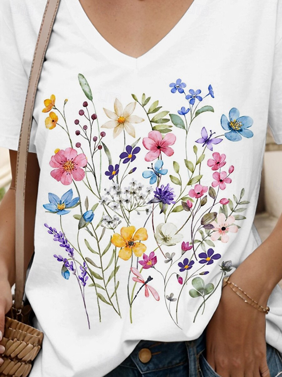 Dames T-shirt Bloemig Grafisch Casual Korte mouw V-hals Normale tops Dagelijks Uitgaan Strand Kleding Afdrukken Wit Zomer 2025 - $24.99 –P3