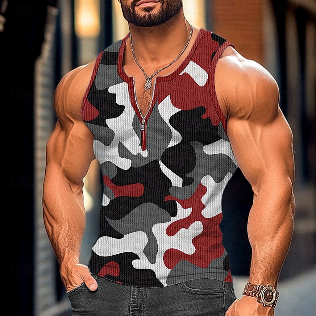 Bărbați Maiou cu vafe Bluză Vest Top Sub Cămașă Fără manșon Stil Nautic Quarter Zip Vară Culoare Camuflaj Sport Modă Comfortabil Imprimeu Casual Plajă Sală de Fitness Roșu-aprins Trifoi Verde Militar 2025 - $16.49 –P4
