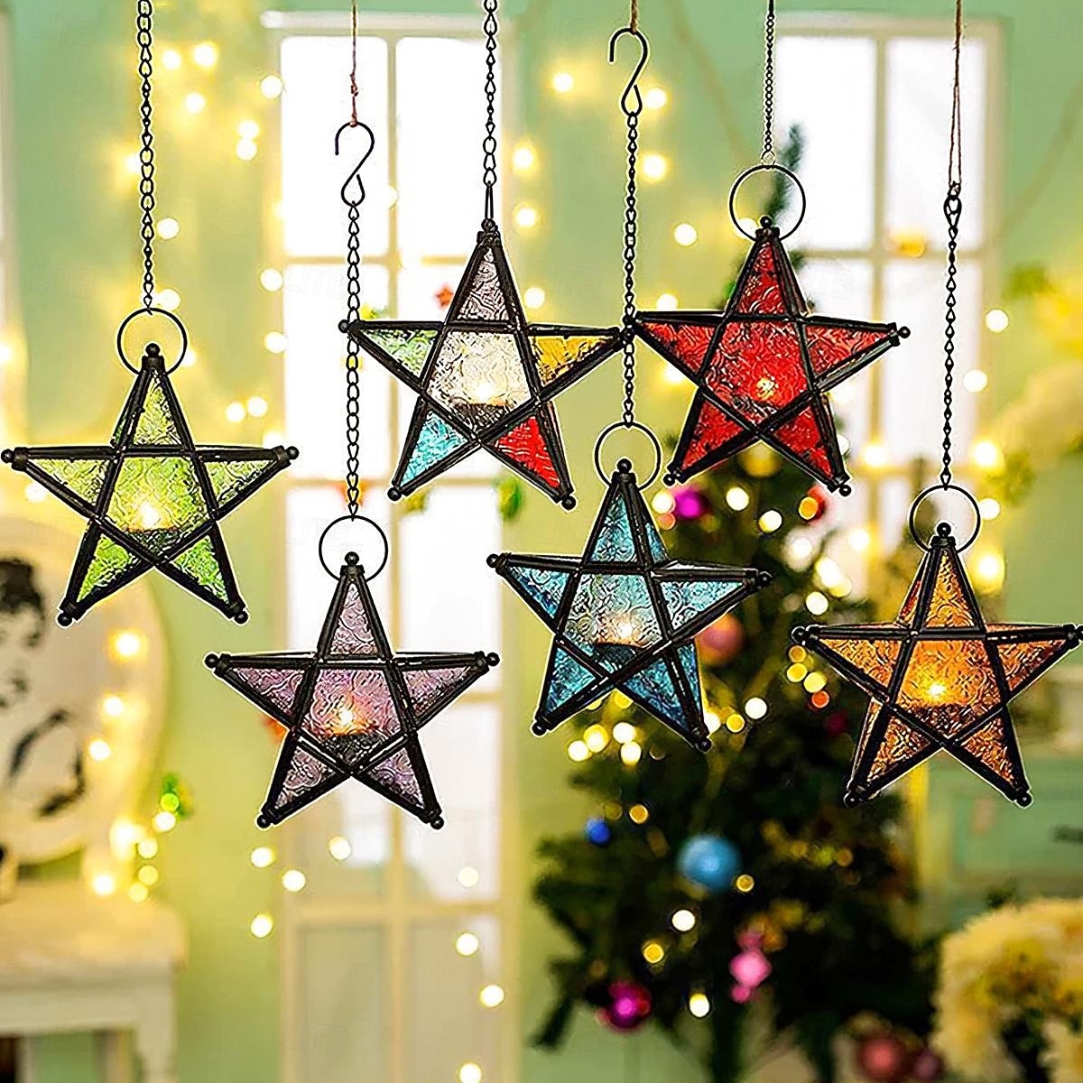 vintage jernkunst stjernelysholderlykt, femspiss hengende vindtett telysholder, dekorativ lyslykt i jernglass for hjem, bar, restaurant og gaveutdeling 2026 - $17.99 –P1