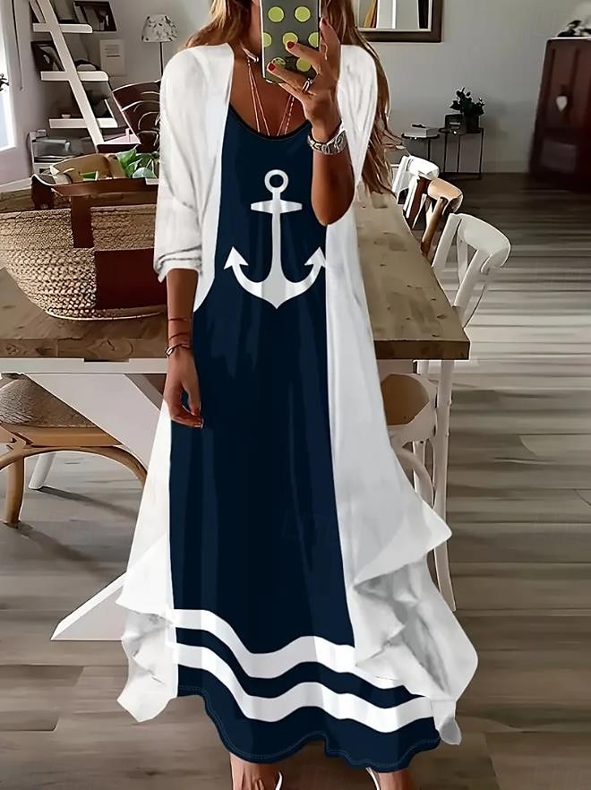 Damen Maxikleid 2 Teile Kleid Set Sundress Sommerkleid Unterkleid Urlaub Formal Boho Urlaub Lockere Passform Grafik Geometrisch 3/4 Länge Ärmel Träger V-Ausschnitt Marineblau Sommer Frühling 2025 - $51.99 –P1