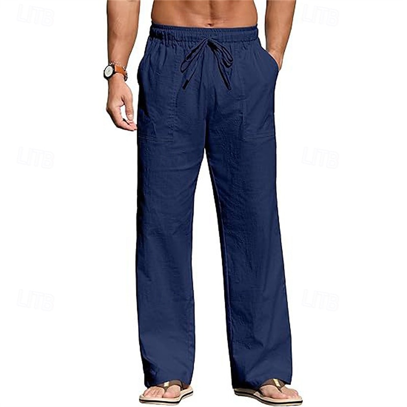 Men's Linen Pants Trousers Summer Pants Beach Pants Pocket Drawstring Elastic Waist Plain Comfort Breathable Vacation Daily Holiday Hawaiian Boho Black White 2025 - $18.99 –P7