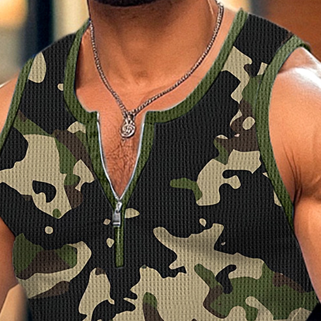 Bărbați Maiou cu vafe Bluză Vest Top Sub Cămașă Fără manșon Stil Nautic Quarter Zip Vară Culoare Camuflaj Sport Modă Comfortabil Imprimeu Casual Plajă Sală de Fitness Roșu-aprins Trifoi Verde Militar 2025 - $16.49 –P2