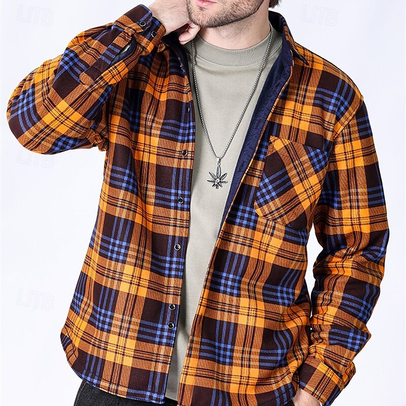 Men's Shirt Casual Shirt Beach Shirt Fleece Shirt Button Up Shirt Red Royal Blue Blue Orange Green Long Sleeve Plaid Lapel Vacation Hawaiian Pocket Clothing Apparel Polyester Fashion Casual 2025 - $28.99 –P3