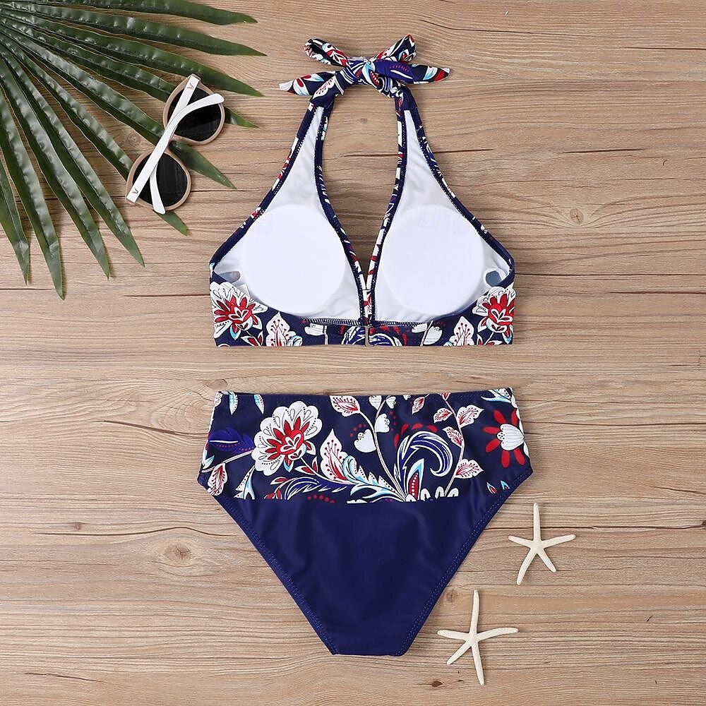 Dam Badkläder Bikini Tankini 2 st Kaxig Baddräkt Djup V-hals Tryck upp Stickat Semester Tropisk Blommig Färgblock Doppa Ärmlös Baddräkter 2025 - $22.99 –P9