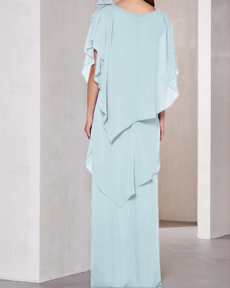 Robe mère de la mariée fourreau  colonne élégante à col bijou longueur sol chiffon floral à courte manche avec volants de 2025 ? $161.99 –P2