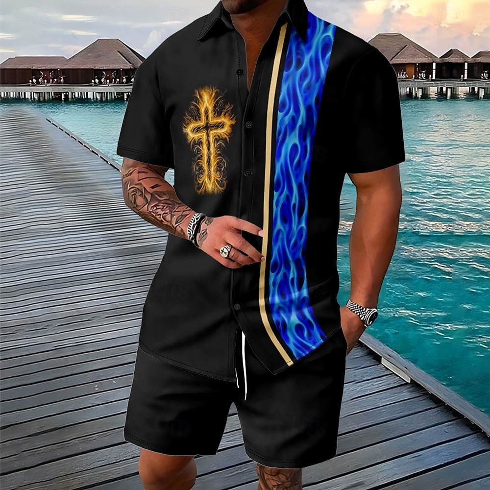 Påske Herre Kors 2stk Skjorter sett Skjortesett Kortermet Korte bukser Aftæpning Årgang Avslappet Daglig Festivalantrekk 3D-utskrift Sommer Rødstrupe-egg Blå Hvit Oransje 2026 - $40.99 –P2