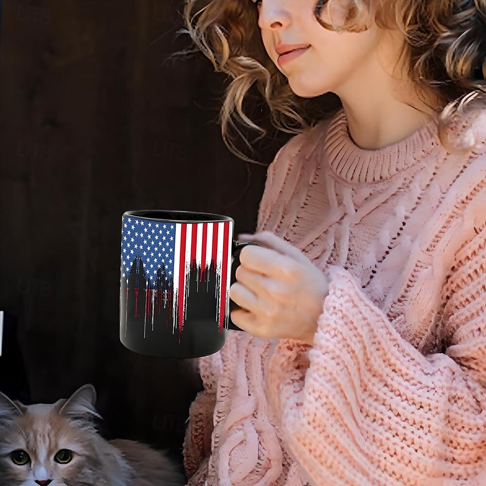 Patriotic American Flag Mug Dripping USA Flag Design Black 11oz Coffee Cup Independence Day Veterans Military Gift for Men Women Dad Mom July 4th Christmas 2025 - $15.49 –P5