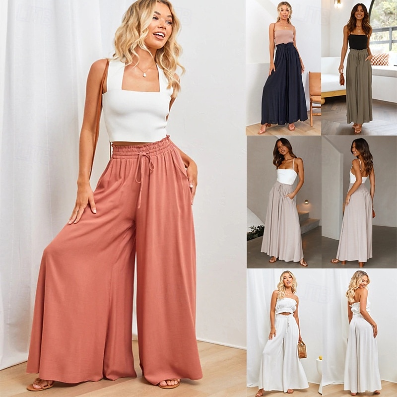 Femmes Jambe large Pantalon en coton et lin Pantalons Mode Longueur complète Trèfle Cordon de serrage Poches Latérales in in france they say Pontalon wide leg Respirabilité Confortable Non Elastique de 2025 ? $33.99 –P8
