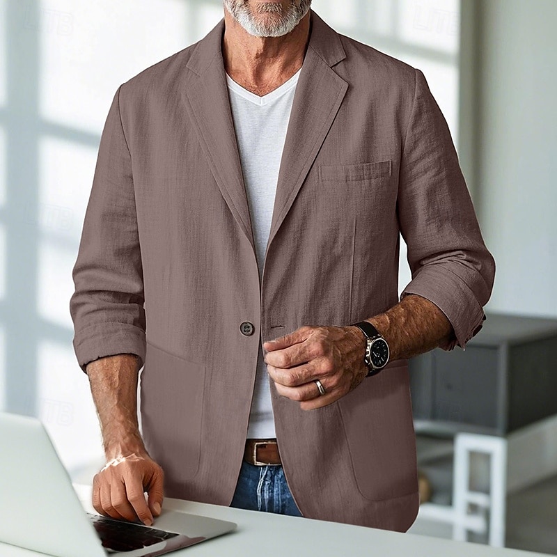 Hombre Blazer de lino chaqueta Negocio Fiesta de Cóctel Fiesta de Boda Moda Casual Primavera & Otoño Poliéster Lino Plano Botones Bolsillo Cómodo Recto 1 botón Chaqueta de sport Negro Burdeos Azul 2025 - $52.99 –P11
