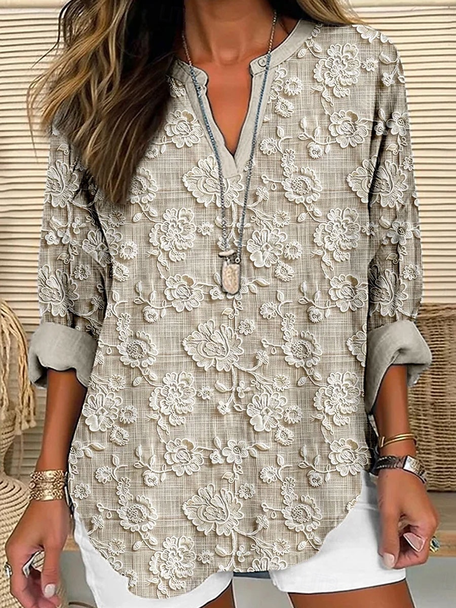 Women's Shirt 3D Print Floral Graphic Vintage Tropical Hawaiian Long Sleeve V Neck Regular Tops Daily Holiday Beach Wear Print White Yellow Pink Blue Khaki Summer Spring 2025 - $24.99 –P3