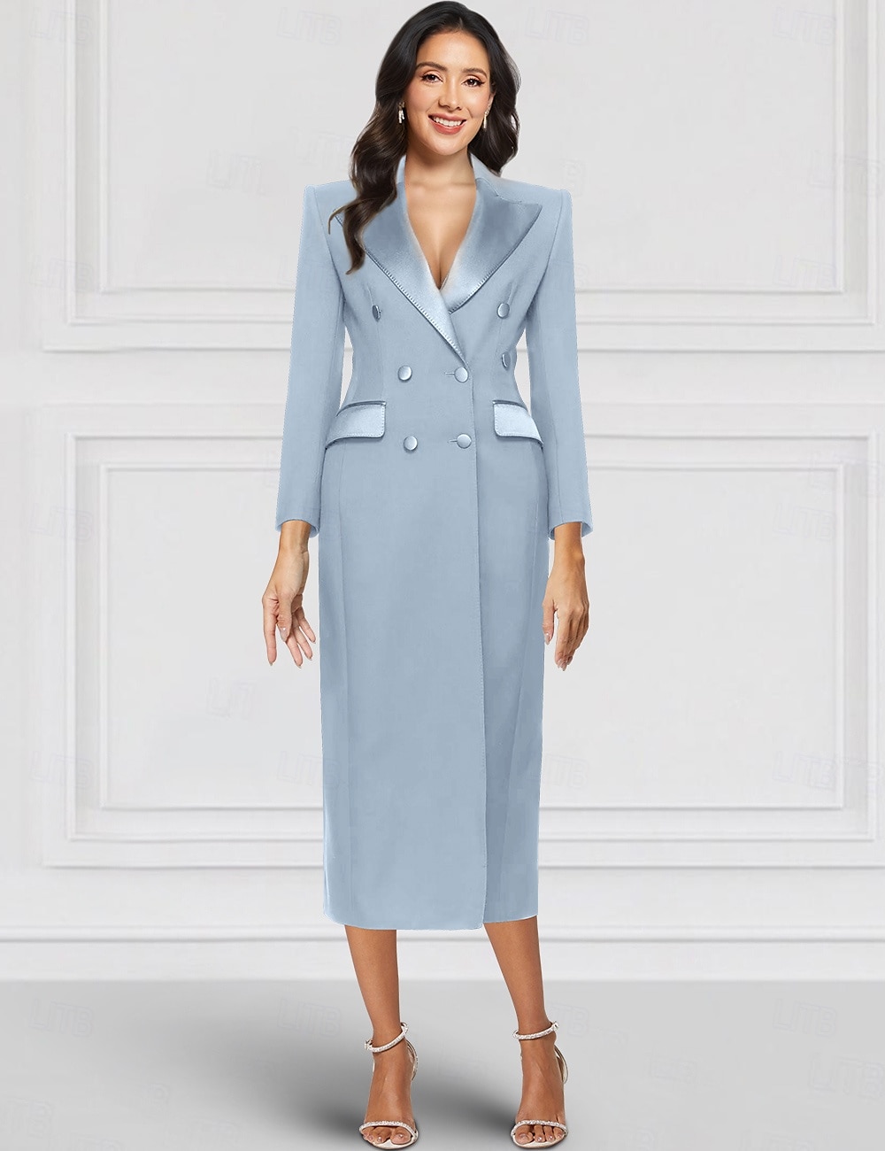 Blazer Smoking-Säule Gelb Blau Brautmutterkleid Elegantes Vintage Hemdkragen Knöchellang Stretchstoff Langarm mit einfarbigem Midi Kleid 2025 2025 - $139.99 –P3