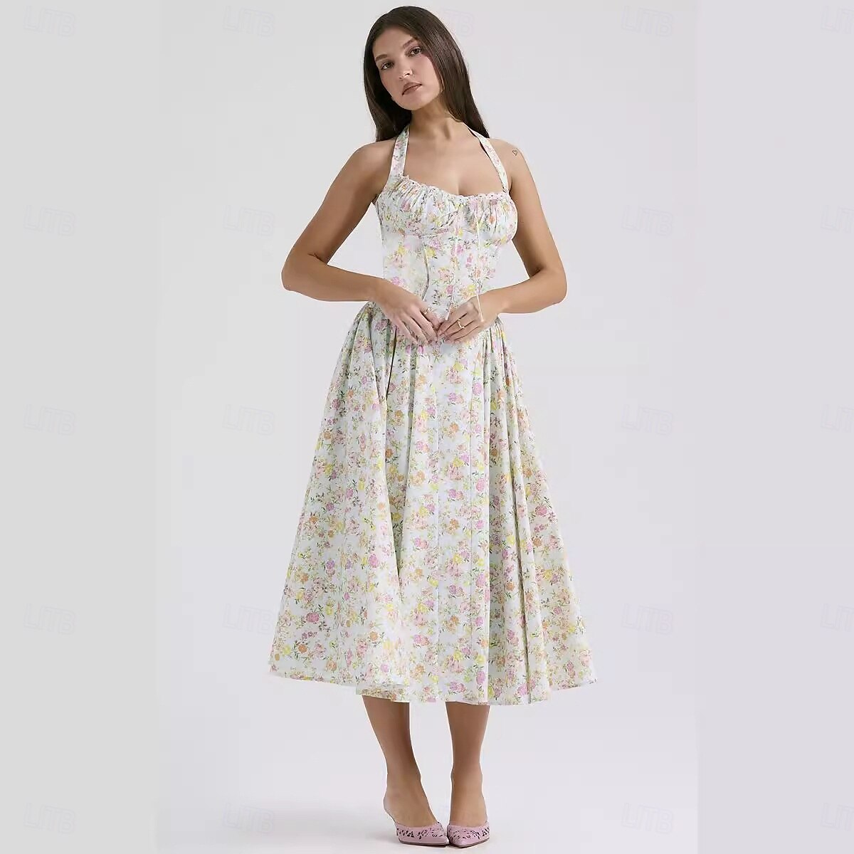 Retro Vintage Medieval Renaissance Midi Dress Flare Dress Ren Faire Halter Regency Inspired Floral Women's Masquerade Wedding Vacation Casual Daily Adults' Dress Summer 2025 - $32.99 –P10