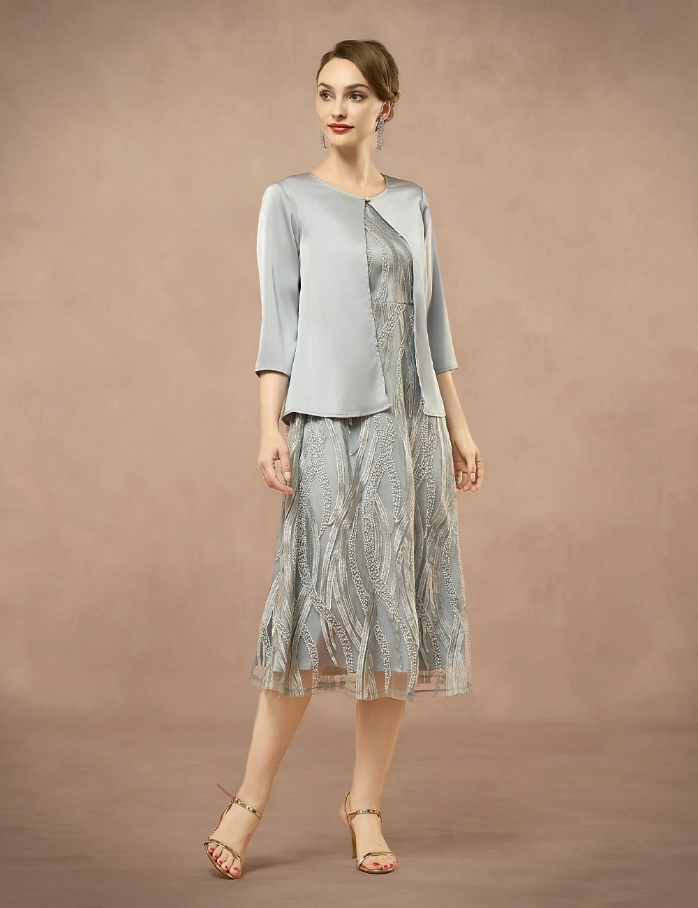 A-Line Mother of the Bride Dress Two Pieces Elegant Jewel Neck Tea Length Lace 3/4 Length Sleeve with Embroidered Lace Applique 2025 2025 - $79.99 –P5