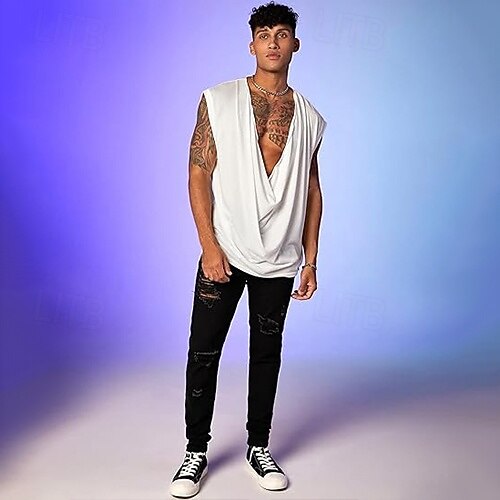 Herr Linne Väst Undertröjor Ärmlös tröja Ärmlös Djup U-hals Sommar Slät Mode Klassisk Bekväm Gata Ledigt Sport Vit Topp t-shirt för män 2025 - $13.99 –P4