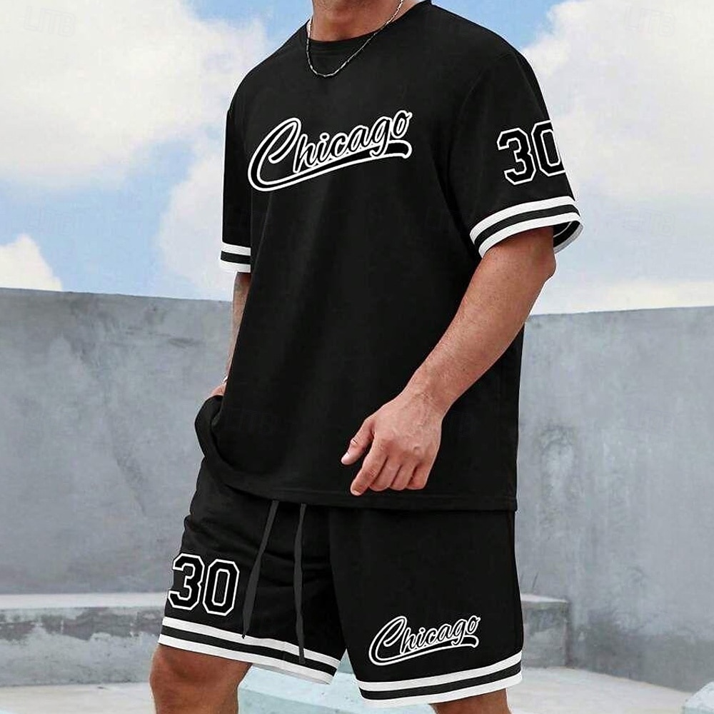 Муж. Текст / Количество 2шт Наборы футболок Летние вершины С короткими рукавами Короткие штаны Вырез под горло Спорт На каждый день на открытом воздухе спорт Повседневные 3D печать Лето Черный 2026 - $28.99 –P1