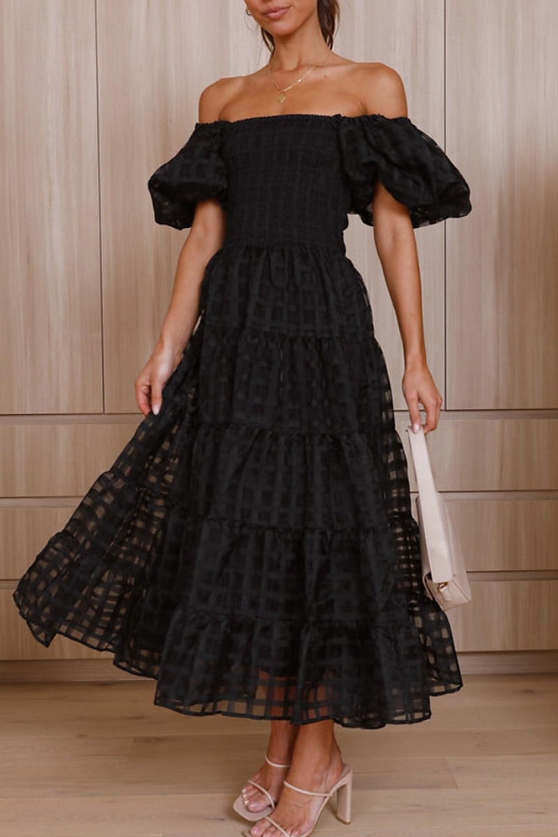 Women's Midi Dress Graduation Dress Fashion Modern Lantern Sleeve Vacation Graduation Weekend Regular Fit Plain Short Sleeve Off Shoulder Black White Yellow Pink Summer 2025 - $27.99 –P9