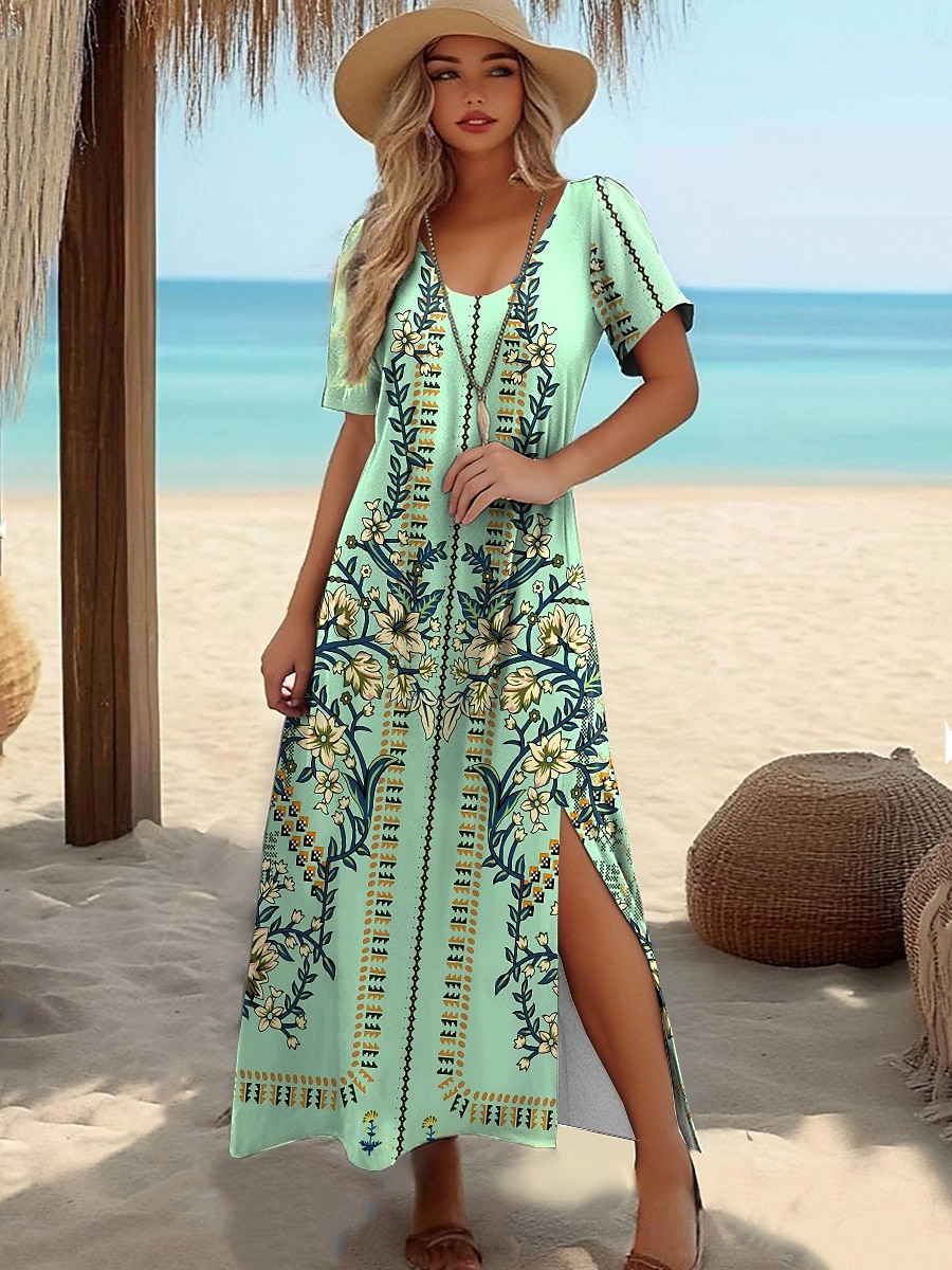 Damen Maxi Kleid A-Linien Kleid T-Shirt Kleid Tee Kleid Sundress Sommerkleid Elegant Urlaub Tropisches Urlaub Strand Regulär Fit Floral Grafik Kurzarm Rundhals Blau Sommer 2025 - $25.99 –P4
