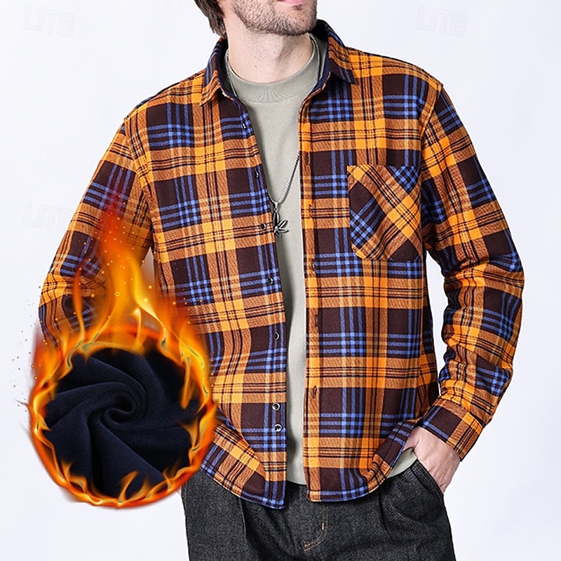 Men's Shirt Casual Shirt Beach Shirt Fleece Shirt Button Up Shirt Red Royal Blue Blue Orange Green Long Sleeve Plaid Lapel Vacation Hawaiian Pocket Clothing Apparel Polyester Fashion Casual 2025 - $28.99 –P2