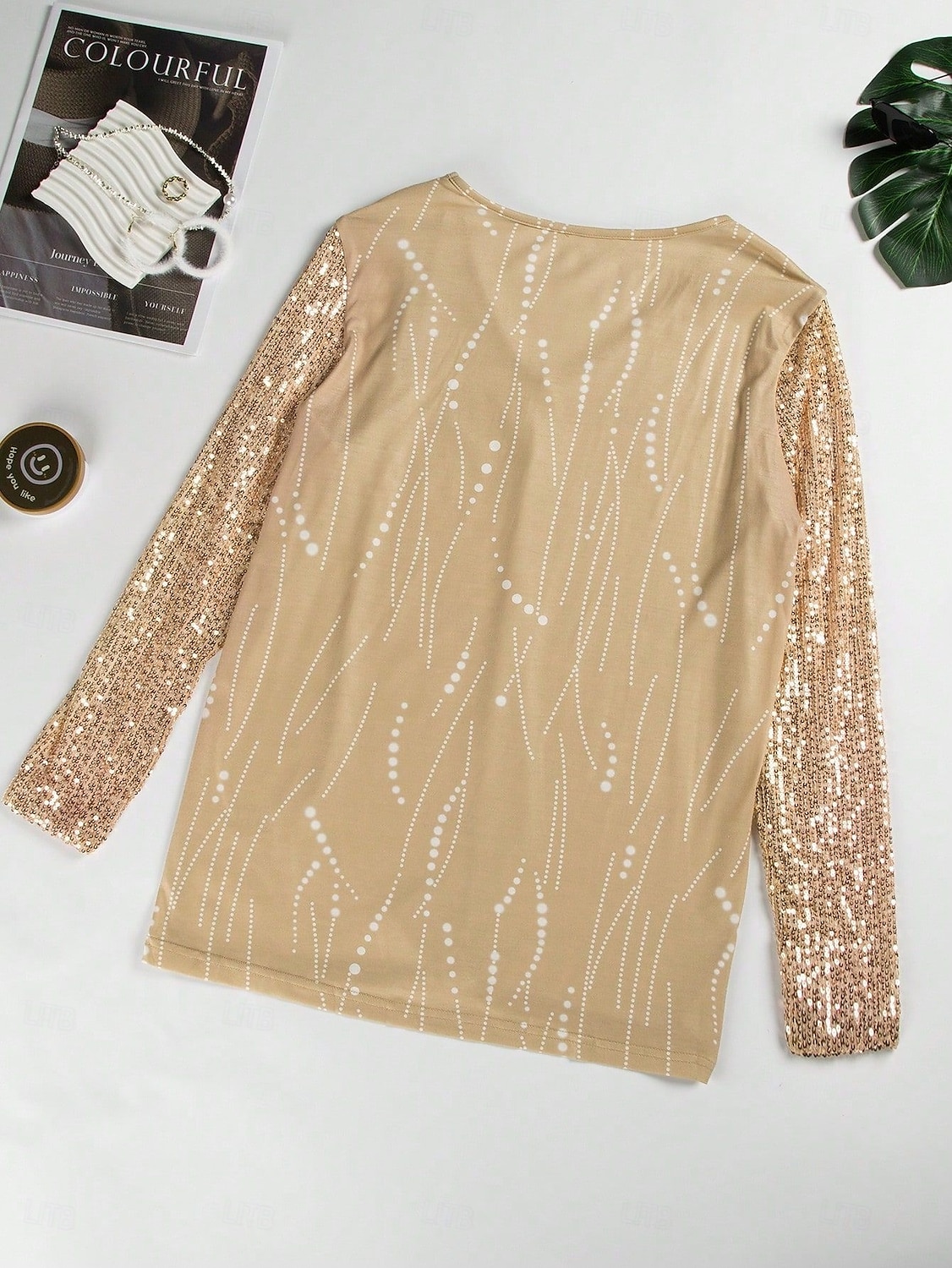 Blusa básica metalizada para mujer con estampado brillante, manga larga, cuello en V, fiesta, año nuevo, amarillo, gris, primavera y otoño 2025 - $27.99 –P2