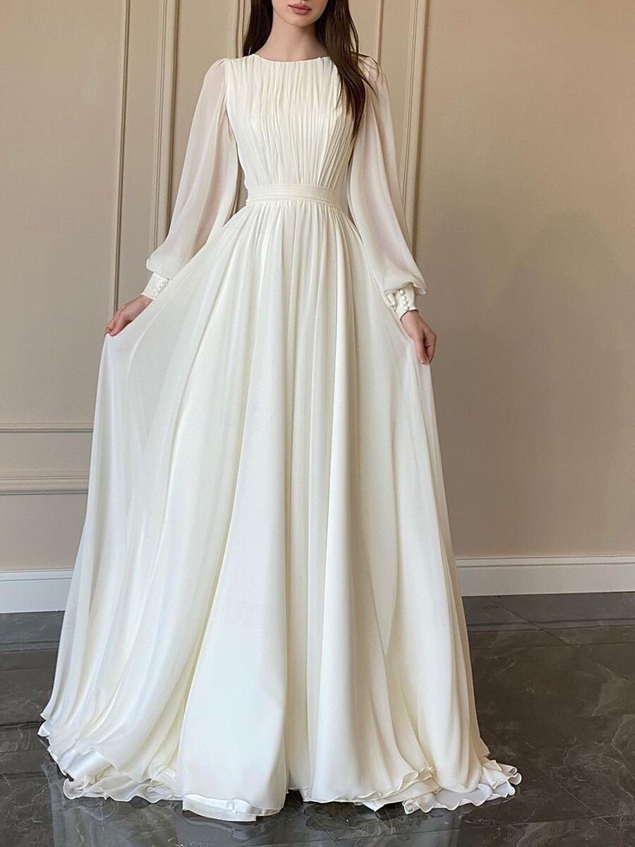 Erntedank Damen Normal kleid lang Weißes Kleid Chiffon-Kleid Schaukelkleid Elegant Ausgefallene Laternenärmel kleid hochzeitsgast Geburtstag Regular Fit Feste Farbe Langarm Rundhalsausschnitt Weiß 2025 - $38.99 –P2