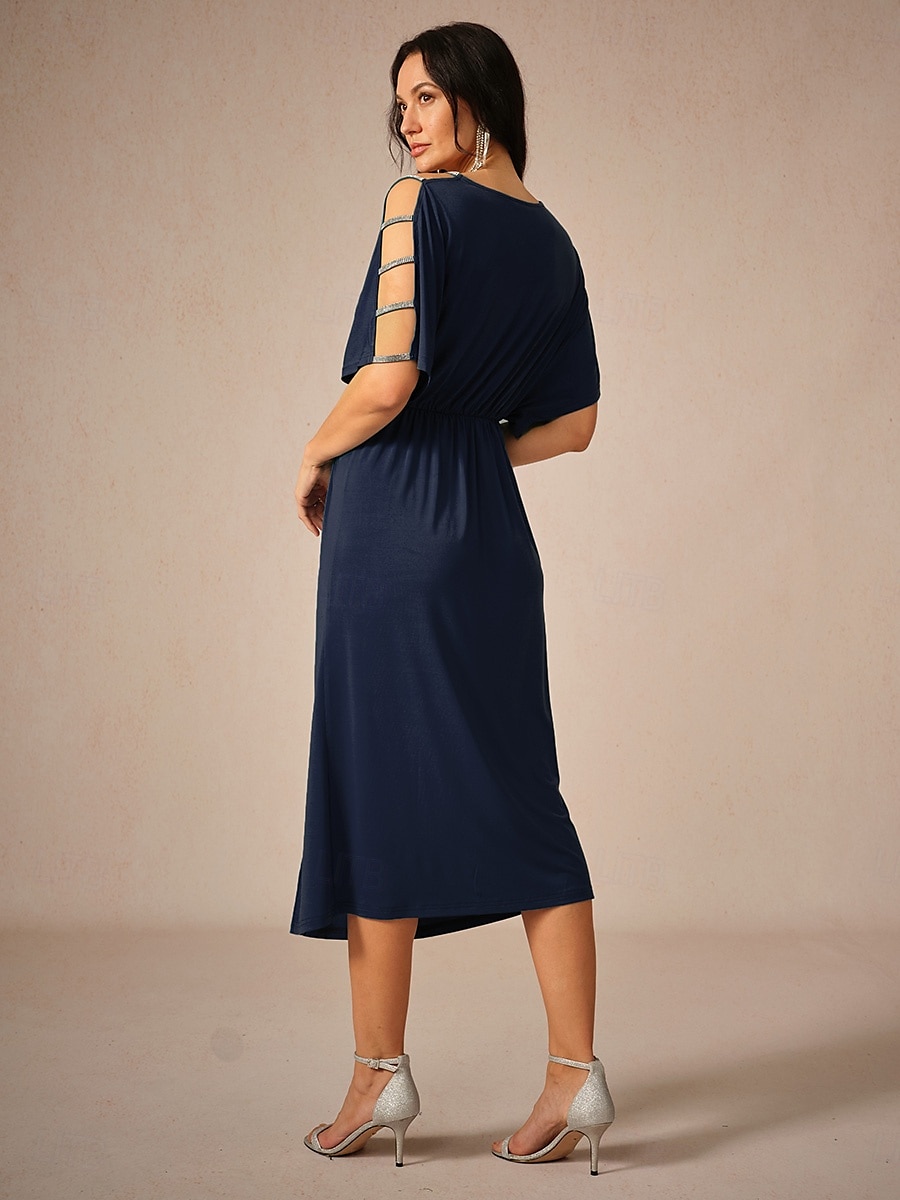 Dames Halflange jurk Gebreide jurk Elegant Stijlvol Feest Afspraakje Normale pasvorm Effen Kleur Korte mouw V-hals Marineblauw Zomer 2025 - $72.99 –P3