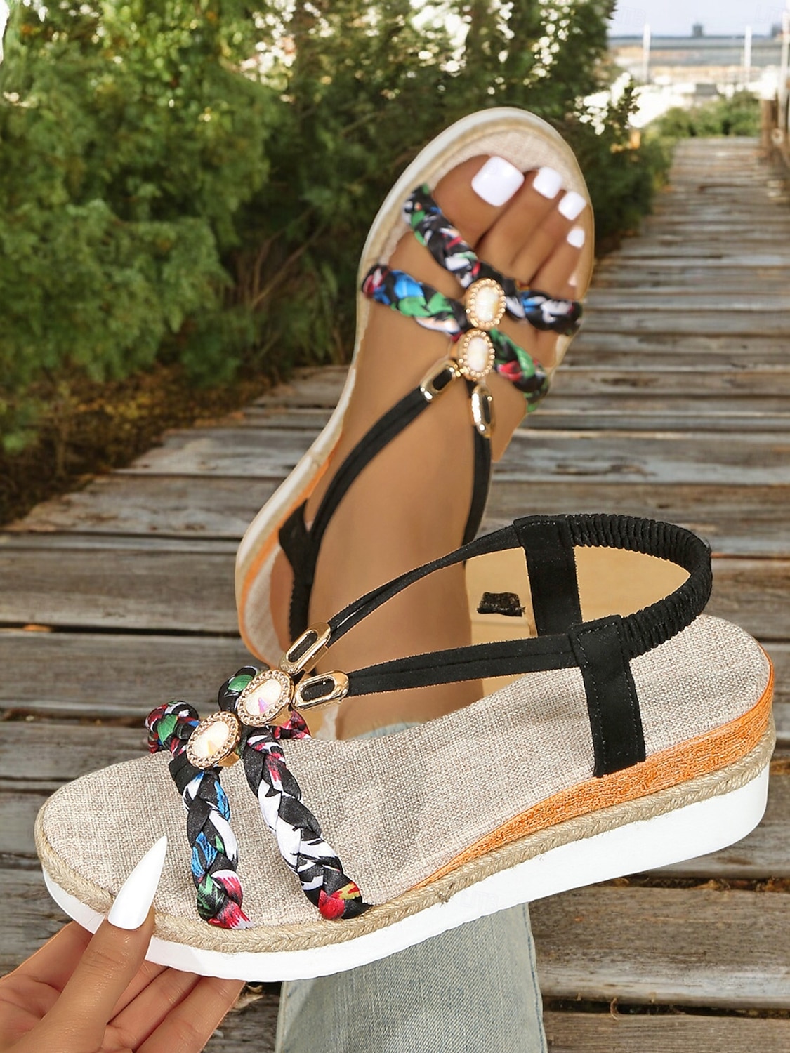 Damen-Boho-Plateau-Keilsandalen – geflochtene Riemchensandalen mit Edelsteinakzenten für Freizeit, Strand und Urlaub 2026 - $26.99 –P3