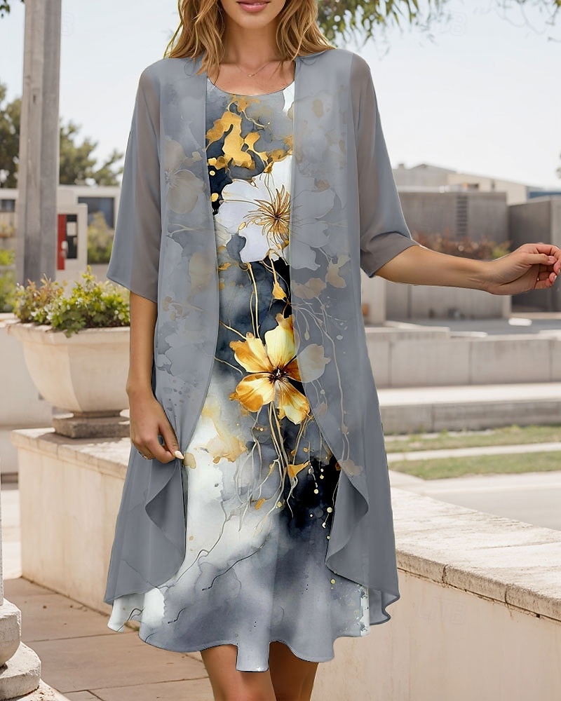 Women's Graduation Midi Dress 2 Pieces Dress Set A Line Dress Summer Dress Vacation Casual Floral Graphic Pleated Print Half Sleeve Crew Neck Vacation Daily Gray Spring Fall Regular Fit 2025 - $36.99 –P1