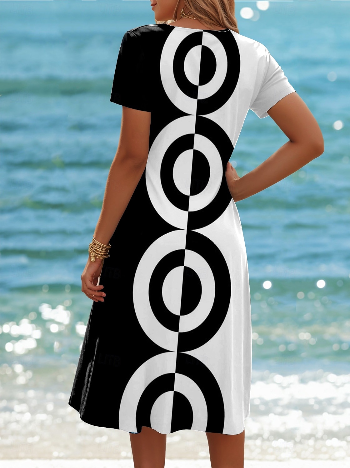 Kobiece sukienka mini sukienka T-shirt sukienka tee sukienka letnia sukienka codzienna regularna grafika geometryczna krótki rękaw okrągły dekolt czarny lato wiosna 2025 - $23.99 –P2
