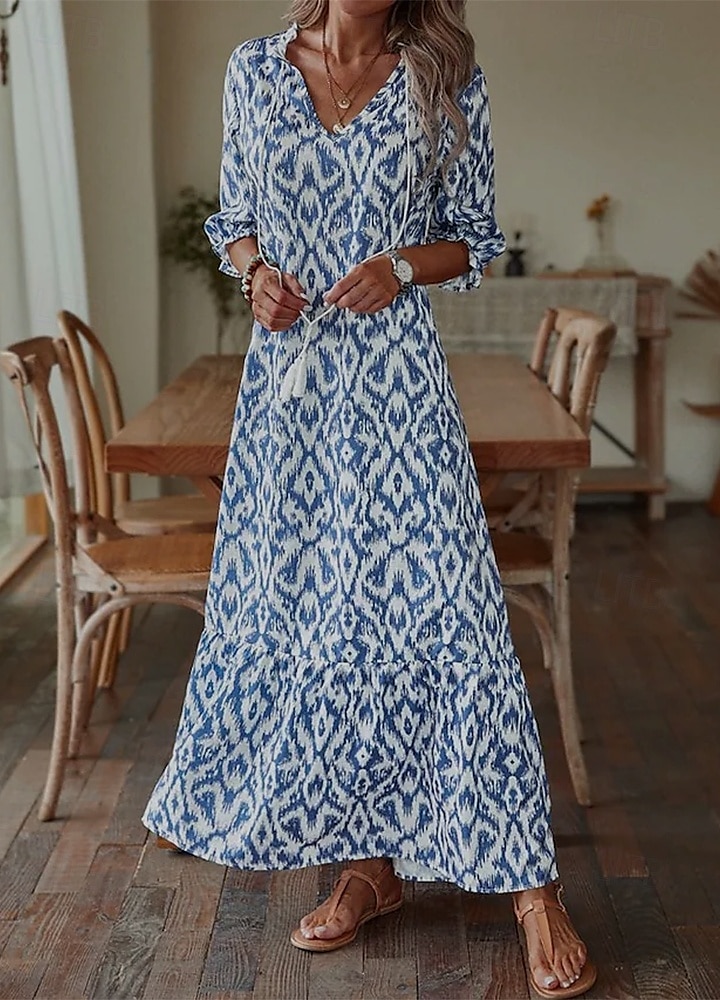 Damskie Długa sukienka sukienka maxi Sukienka Boho Sukienka z nadrukiem Sukienki Peplum Romantyczna Nowoczesny Bufka Codzienny Święto Plaża Luźna Graficzny Kwiat Rękaw 1/2 W serek Rumiany r 2025 - $24.99 –P2