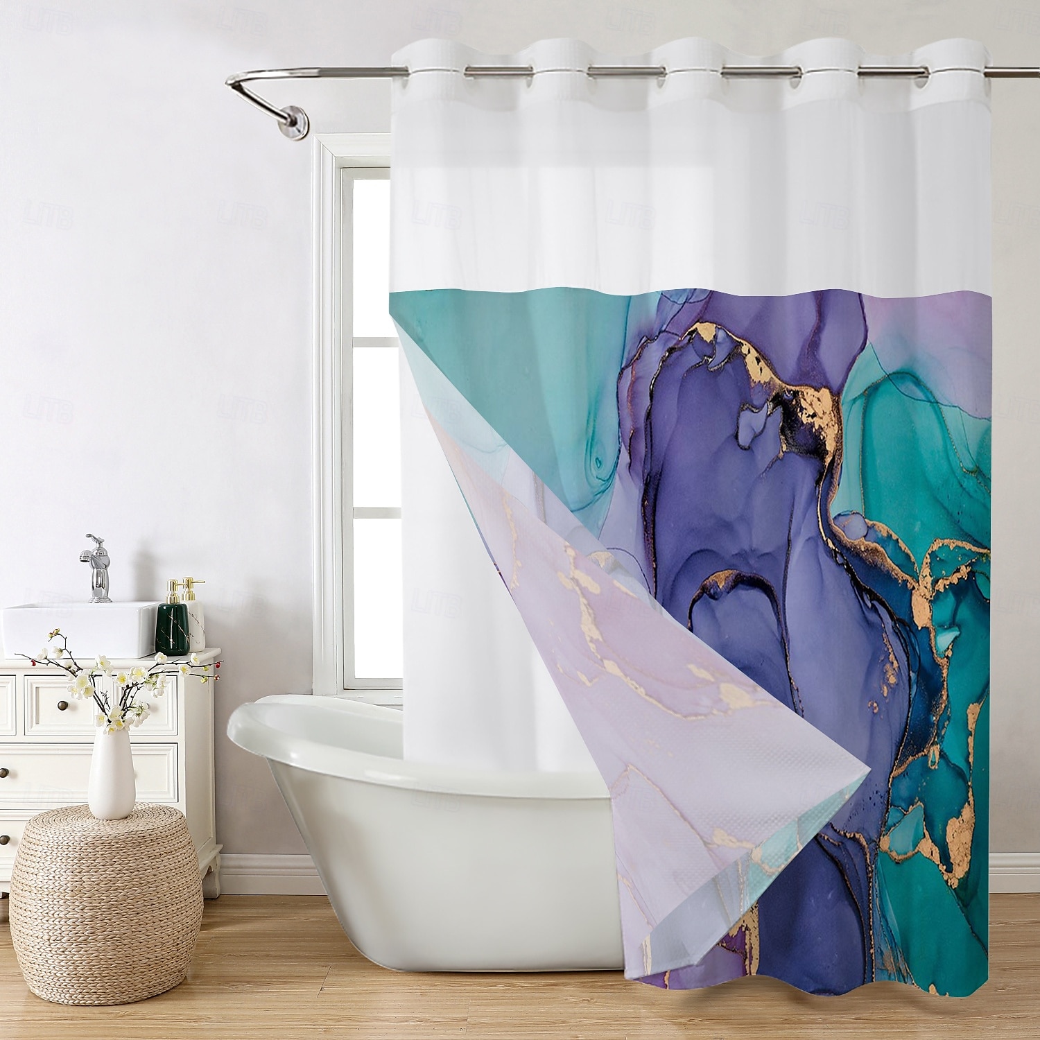 No Hook Shower Curtain 180cm*180cm(70"*70") Leaves Pattern Snap-In Fabric Liner Sheer Top Window Waterproof Double-Layer Bathtub Curtain 2025 - $60.99 –P4