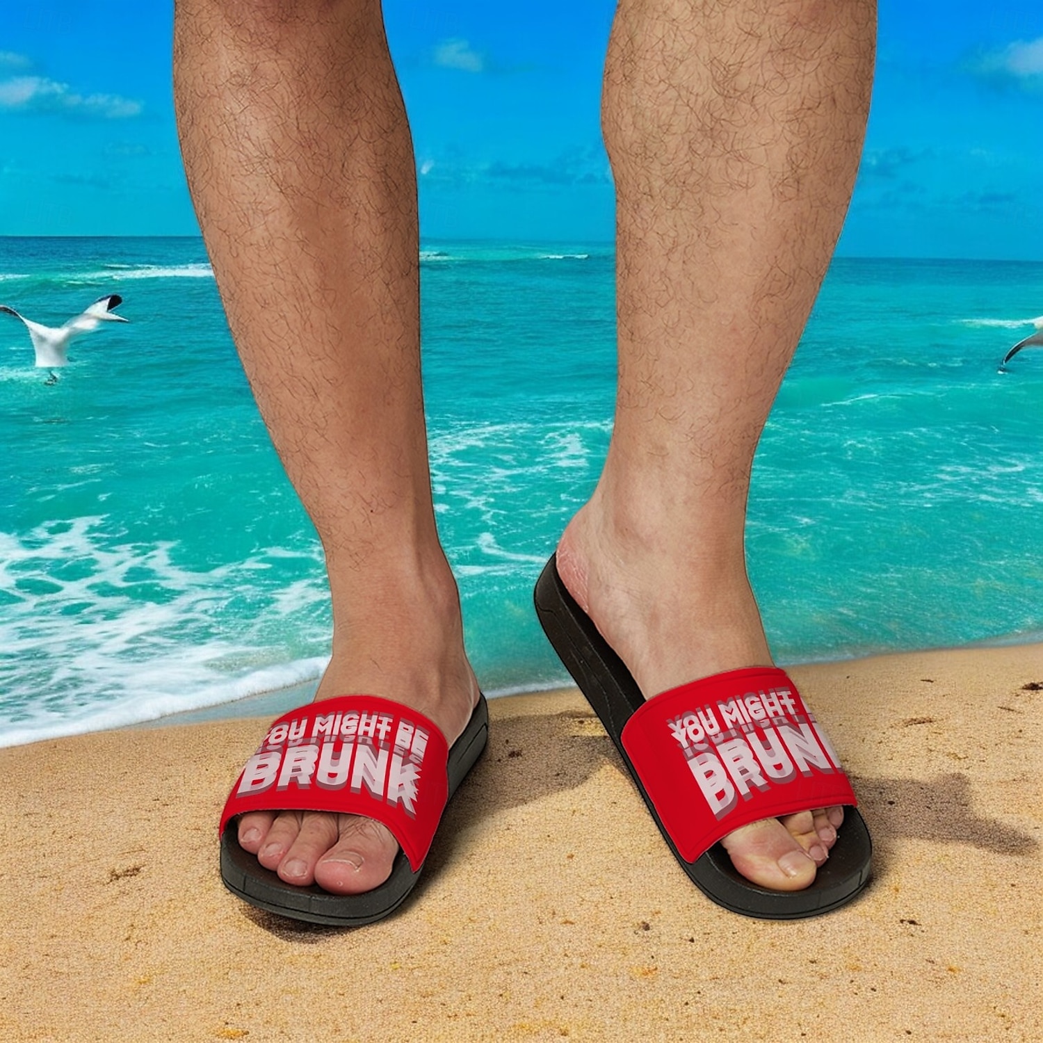 Men's Funny Slide Sandals - Bold "You Might Be Drunk" Print, Comfortable Non-Slip Pool & Beach Slippers, Casual Summer Footwear 2025 - $24.99 –P1