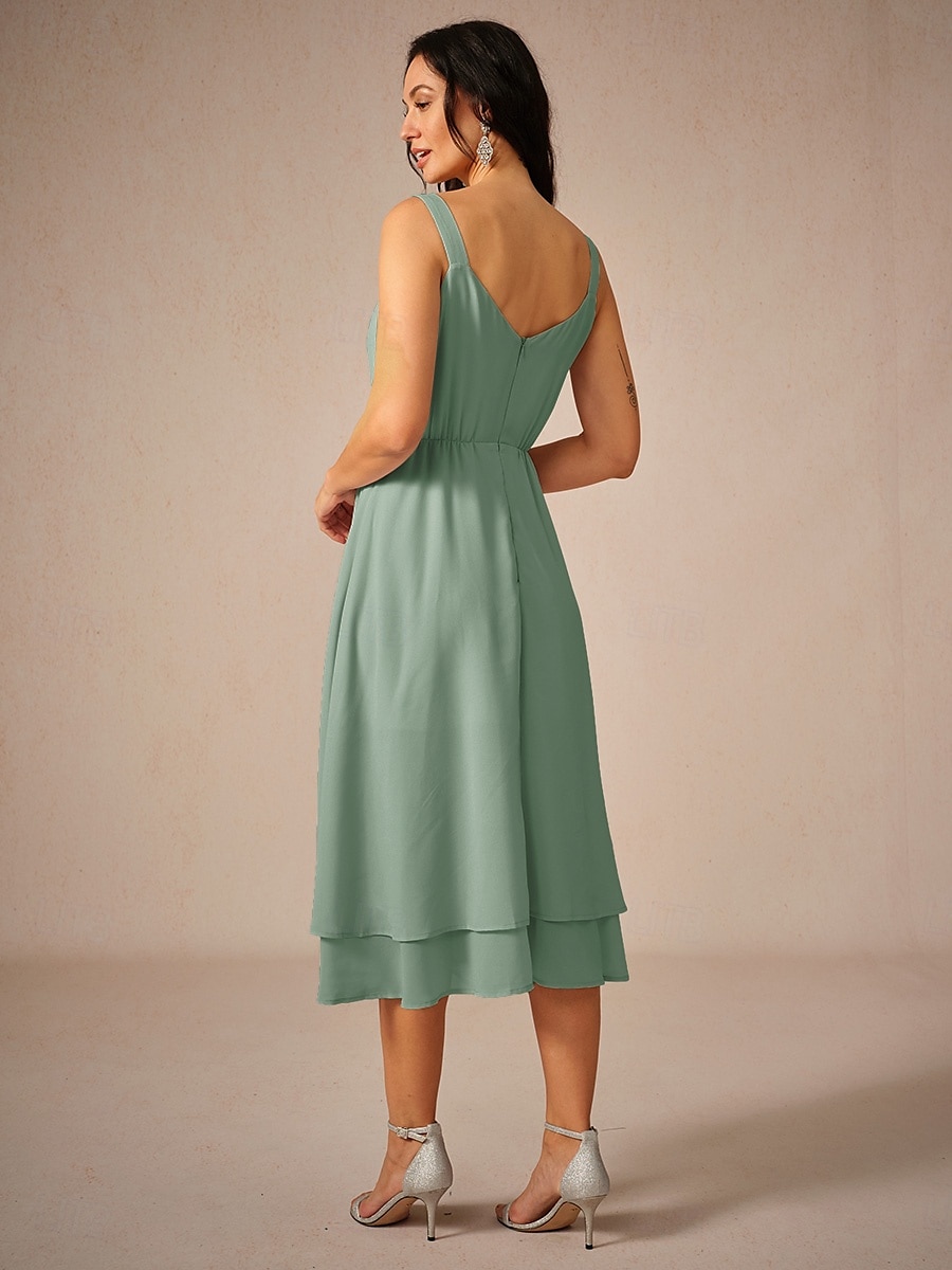 Damen Teelänge Chiffonkleid Elegant Fließend Hochzeitsgast Date Normale Passform Einfarbig Ärmellos Quadrathals Salbeigrün Sommer 2025 - $99.99 –P4
