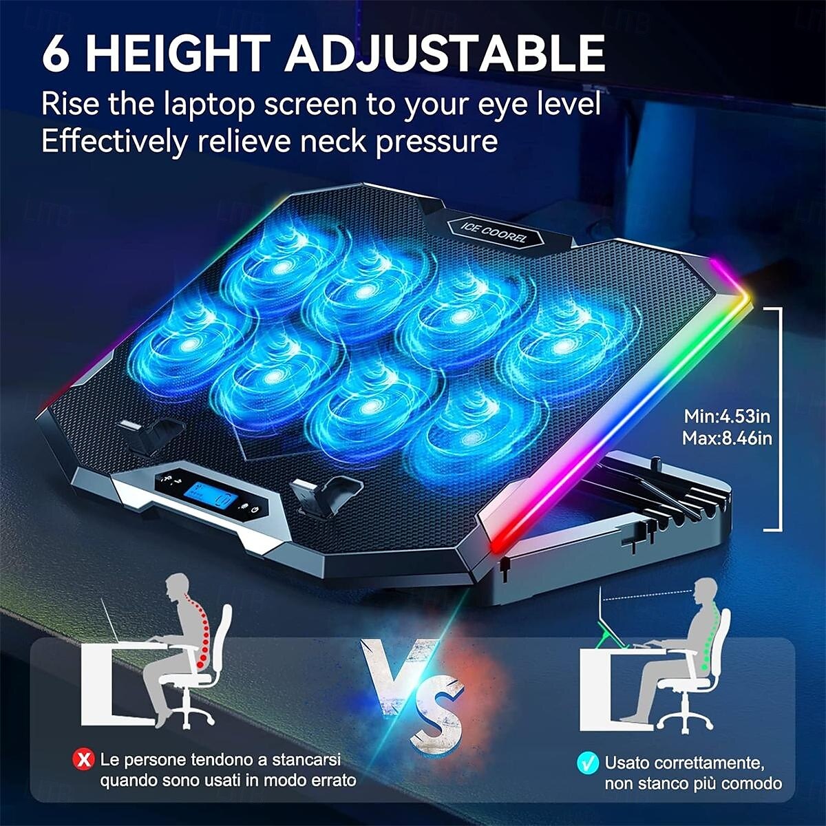 Support de refroidissement pour ordinateur portable de jeu avec 8 ventilateurs de refroidissement pour ordinateur portable de 15 à 17,3 pouces, support de refroidissement avec 6 hauteurs réglables de 2025 ? $125.99 –P2
