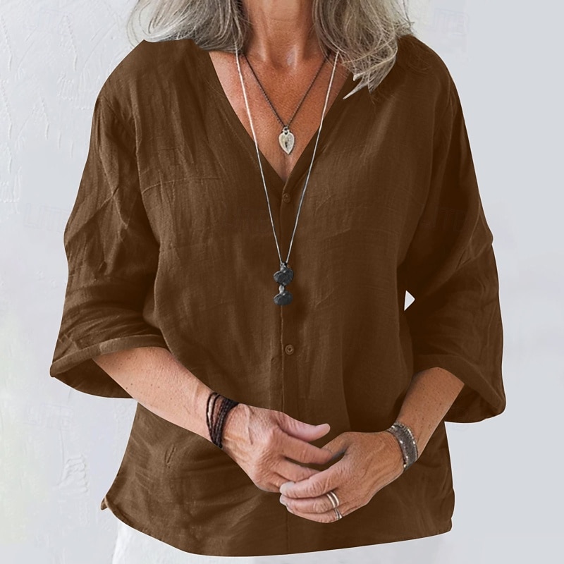 Damen Bluse Baumwoll-Leinen-Hemden Einfach Basic Modern Dreiviertelarm V Ausschnitt Normale Oberteile Täglich Ferien Ausgehen Knöpfe Schwarz Weiß Rosa Braun Aprikose Sommer 2025 - $22.99 –P8