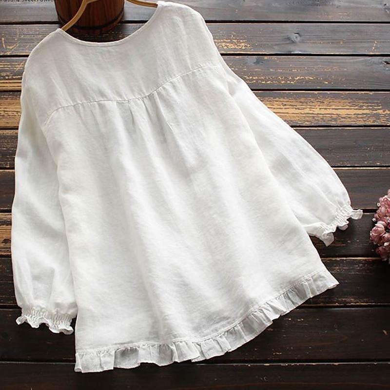 Women's Blouse Cotton Linen Shirts Plain Basic Modern Long Sleeve Square Neck Regular Tops Daily Holiday Going out Ruffle Black White Pink Army Green Navy Blue Summer 2025 - $22.99 –P7