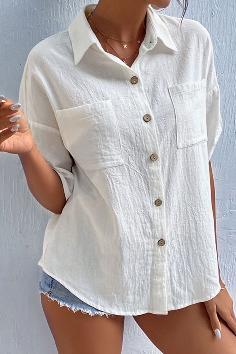 Damen Hemd Baumwoll-Leinen-Hemden Knopfleiste Bluse Einfach Basic Lässig Kurzarm Hemdkragen Normale Oberteile Ferien Ausgehen Knöpfe Tasche Schwarz Weiß Marineblau Khaki Grau Sommer 2025 - $21.99 –P1