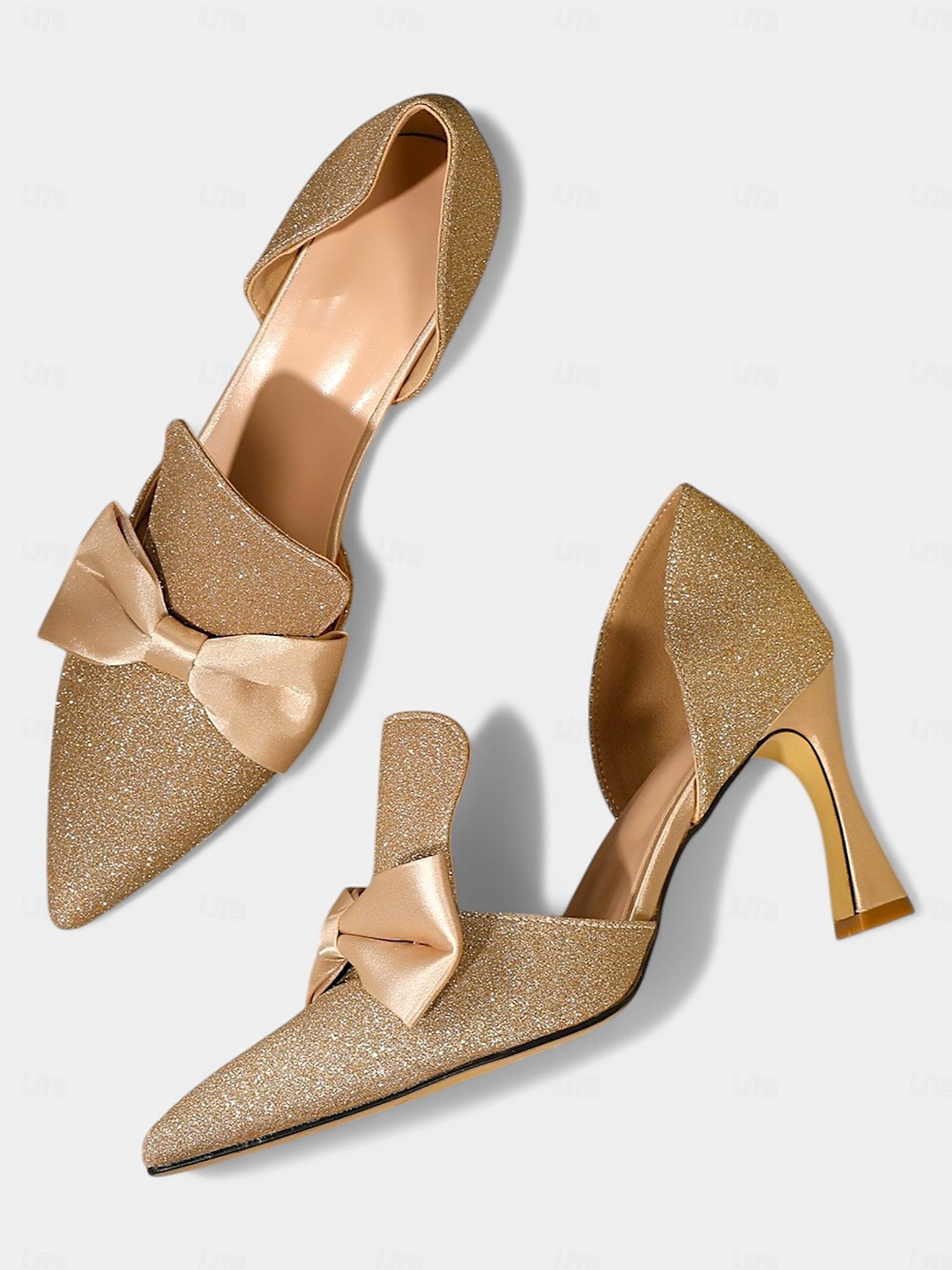 gullglittersløyfe høyhælte pumps for kvinner – elegante brudesko med spiss tå 2025 - $42.99 –P3