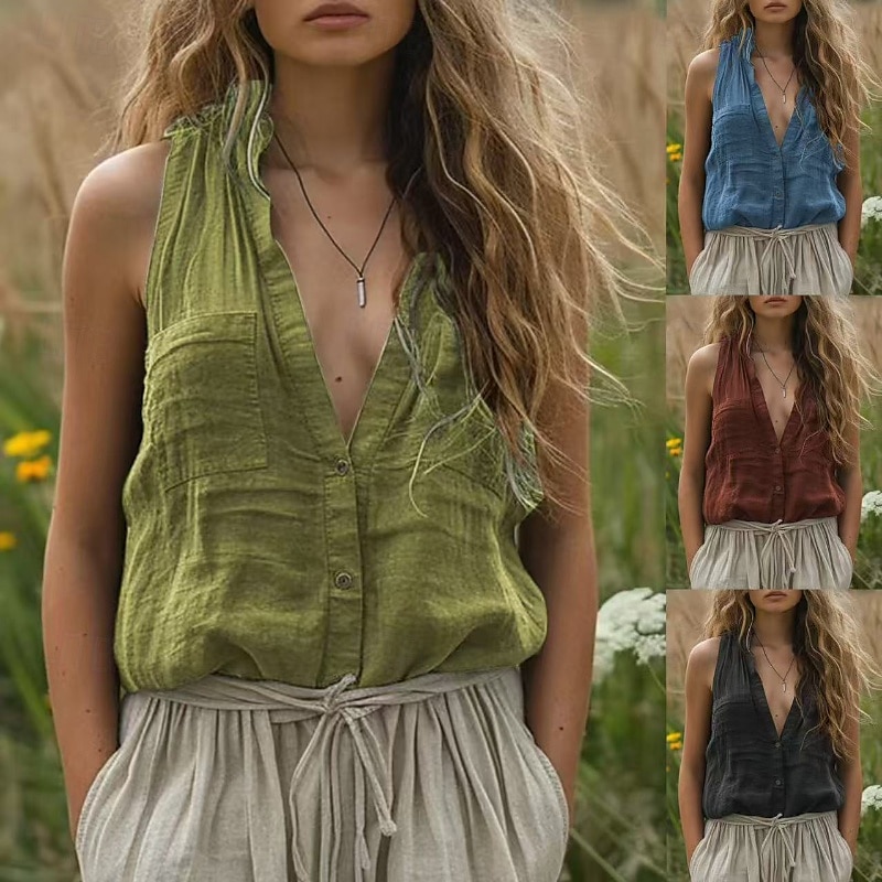 Women's Cotton Linen Shirts Button Up Blouse Plain Basic Modern Casual Sleeveless V Neck Regular Tops Daily Holiday Going out Buttons Pocket Black Blue Brown Green Summer 2025 - $22.99 –P1